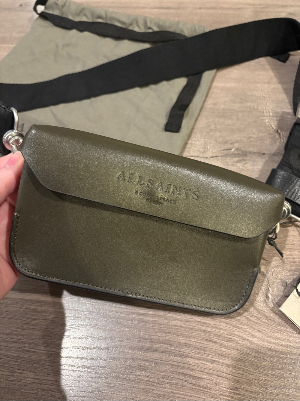 AllSaints Zoe Leather Crossbody In Military Green - Picture 2 of 4